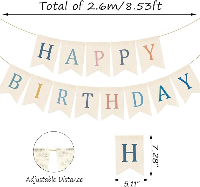 Doumeny Happy Birthday Burlap Banner Boho Birthday Bunting Garland Blue Pink - Image 2