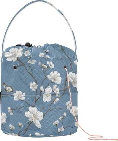 Blue Floral Butterfly Yarn Bag Small Crochet Bag Drawstring Yarn Storage by Tatenale