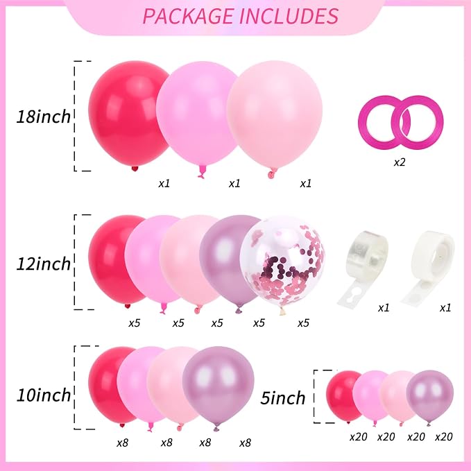 RUBFAC Pink Balloons Garland Arch Kit, Party Balloons Hot Pink Latex Confetti - Image 2