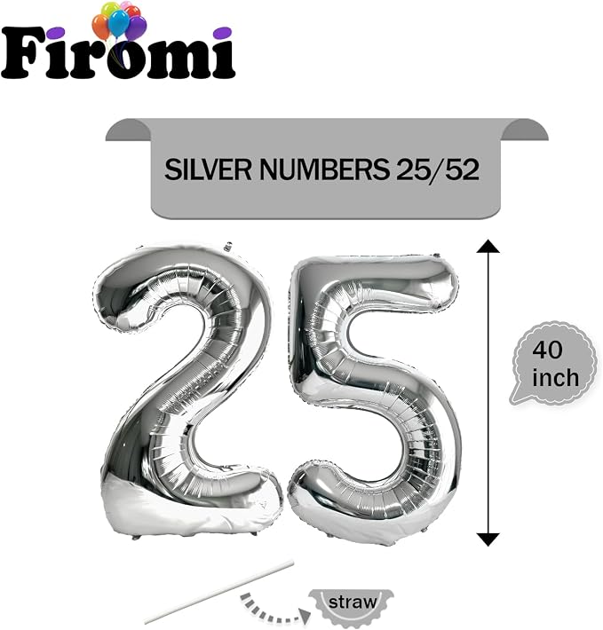FIROMI 25 Number Balloons Silver Big Foil Mylar 52 Balloon Numbers 40-inch | - Image 2