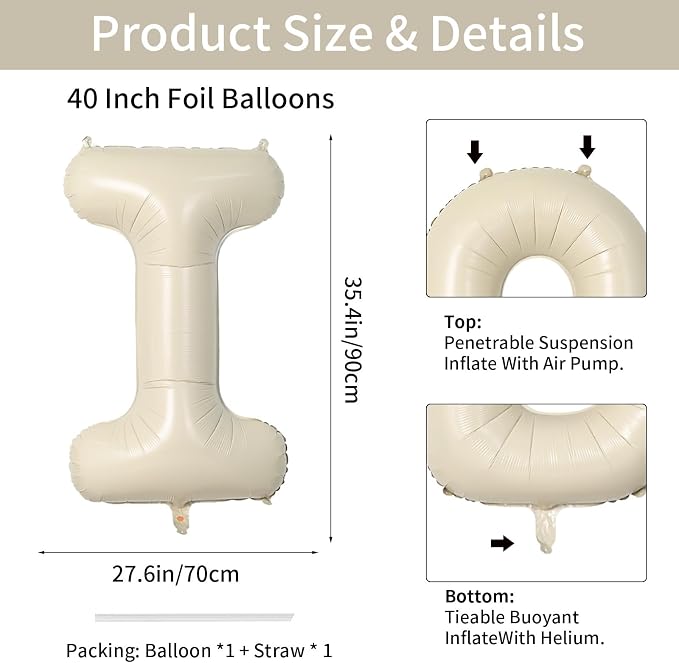 Biapian 40 Inch Letter I Balloon, Giant Cream Foil, Big Single Alphabet A-Z - Image 2