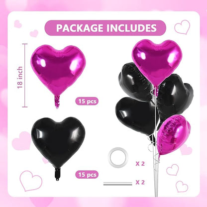 TONIFUL 30Pcs Black Hot Pink Heart Balloons 18Inch Heart Shape Foil Balloon | - Image 2