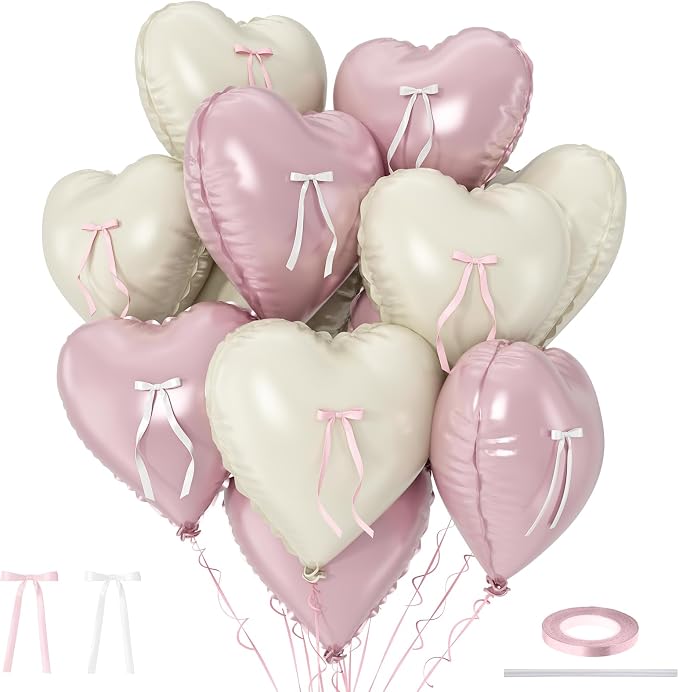 Pink White Heart Balloons with Ribbon Bow, 18In Pastel Nude Light Rosa Helium by TAOYE
