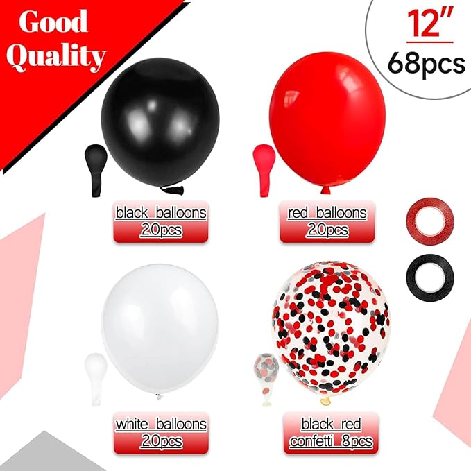 68Pcs Red Black White Latex Balloons 12 Inch - Image 2