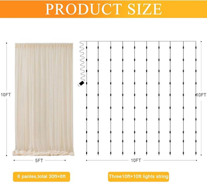 Tulle Backdrop Curtain with Lights Sheer Champagne Curtain Backdrop 30x10ft | - Image 3