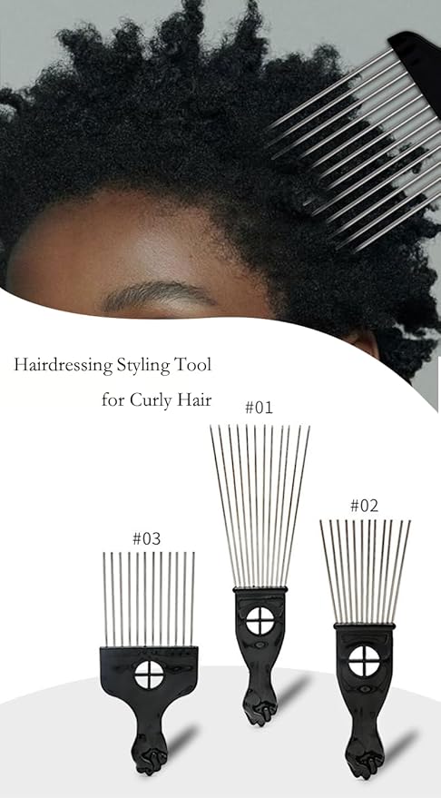 Black Metal Afro Pick Combs for Curly Hair - Detangle & Style Comb for Women and Men, Durable Plastic & Metal, Fist Design for Hair Styling, Perfect for Wigs (3 Pack Hair Comb, Count, 3)