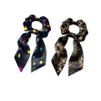 Colorful Star Sun Satin Hair Ties for Thick Curly Hair Black Elastic Hair Ties Knotted Ribbon Lightweight Scarf Scrunchies with Knot Pack of 2
