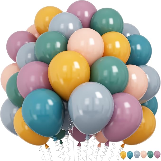 Boho Rainbow Balloons, Retro Dusty Slate Blue Blush Pink Sage Green Yellow Nude by Jobkoo