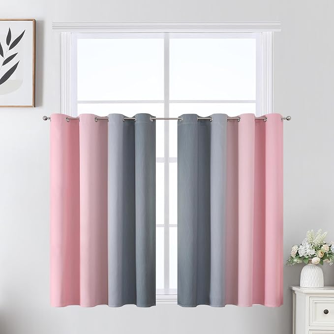 Grey and Pink Ombre Short Blackout Curtains 36 Inch Long, Thermal Insulated by ESTELARTEXTILER