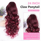 ALXNAN Ponytail Extension,24 Inch Claw Clip in Long Curly Wavy Wine Red Ponytail Hair Extension Jaw Clip on Pony Tails Hairpiece for Women