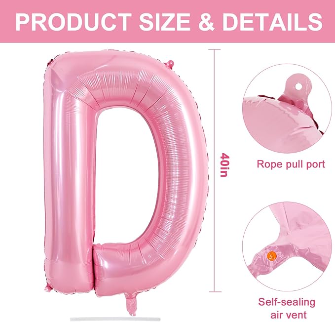TONIFUL 40 Inch Large Pink Letter D Balloons Giant Foil Mylar Alphabet Balloon - Image 2