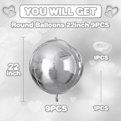 Silver Round Foil Balloons 9 pcs, Metallic Silver Giant 4D Round Balloons 22 - Image 2