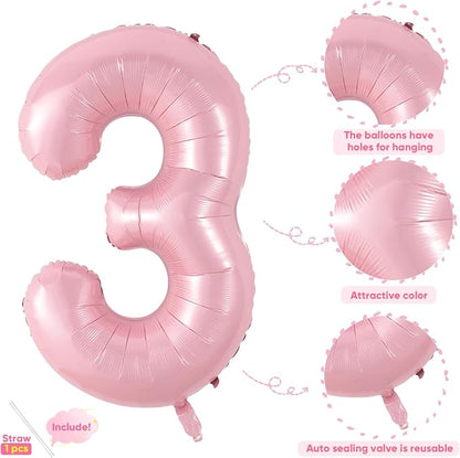 Light Pink 3 Balloon, 40 Inch Large Pastel Pink Foil Helium Number Balloons 0-9 - Image 3