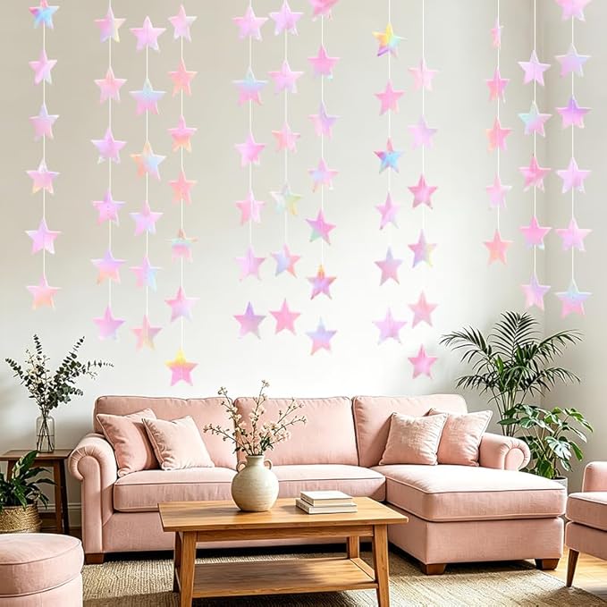 Iridescent Pink Shining Star Hanging Garland Pink Holographic Hanging Sparkling - Image 3