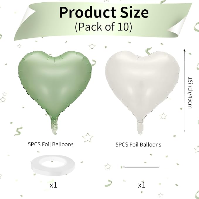 Sage Green White Heart Balloons, 18inch Olive Green Cream White Heart Shape - Image 2