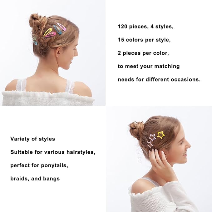 120Pcs Hair Clips for Girls,Non Slip Metal Snap Hair Clips for Kids Star & Butterfly hair accessories (4 Styles and 15 Assorted Colors)
