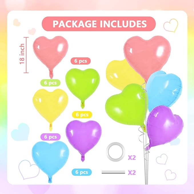 TONIFUL 30 Pcs 18 Inch Pastel Colorful Heart Shape Foil Mylar Balloons | - Image 2