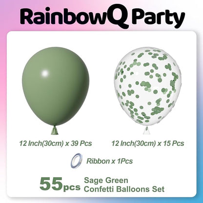 RainbowQ Sage Green Balloons 55Pcs 12 Inch Confetti Latex Helium Balloon | - Image 2