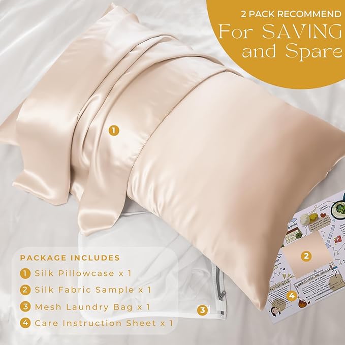 PROMEED 100% Mulberry Silk Pillowcase King for Hair and Skin, Both Sides Grade 6A+ 23mm Silk Pillow Case with Zipper, 1400 TC, Soft & Smooth (King 20"x36", Champagne)