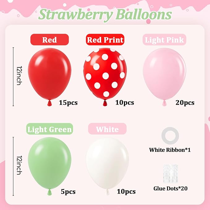 60pcs Strawberry Balloons with 12inch Pink Red White Green Balloons | - Image 2