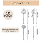 10 Pieces Rhinestone Hair Clips, Crystal Bobby Hair Pins Decorative Rhinestone Hair Barrettes for Wedding, Leaf Feather Sunflower Hair Clips Metal Hair Accessories for Women,4 Styles (silver)