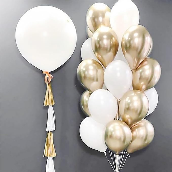 White and Gold Balloons, 12 Inch White Sand Gold Metallic Latex Balloons - Image 7