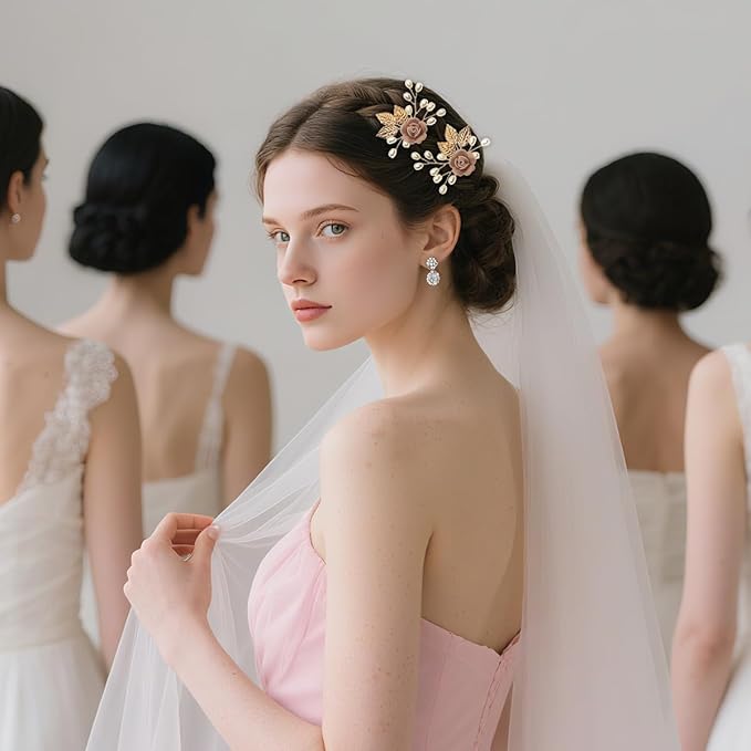 Wedding Hair Accessories Hair pieces Set Crystal bridal hair pins Rhinestone Pearl hair comb Brides and Bridesmaids, Girls, Women(（4PCS/SET PINK)