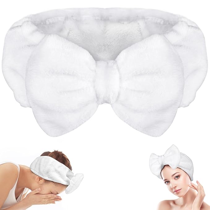 Shintop Skincare Headband, Soft Spa Headband Makeup Headwear with Cute Bow Elastic Hairband for Washing Face Facial Mask Showers（White）