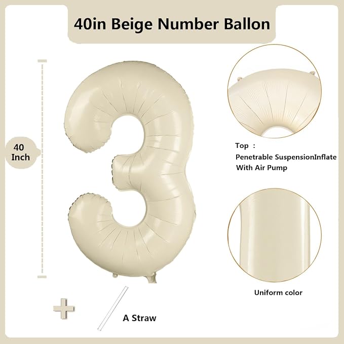 40 inch Cream White Number Balloon Giant Foil Helium Balloons Beige Number 3 - Image 2