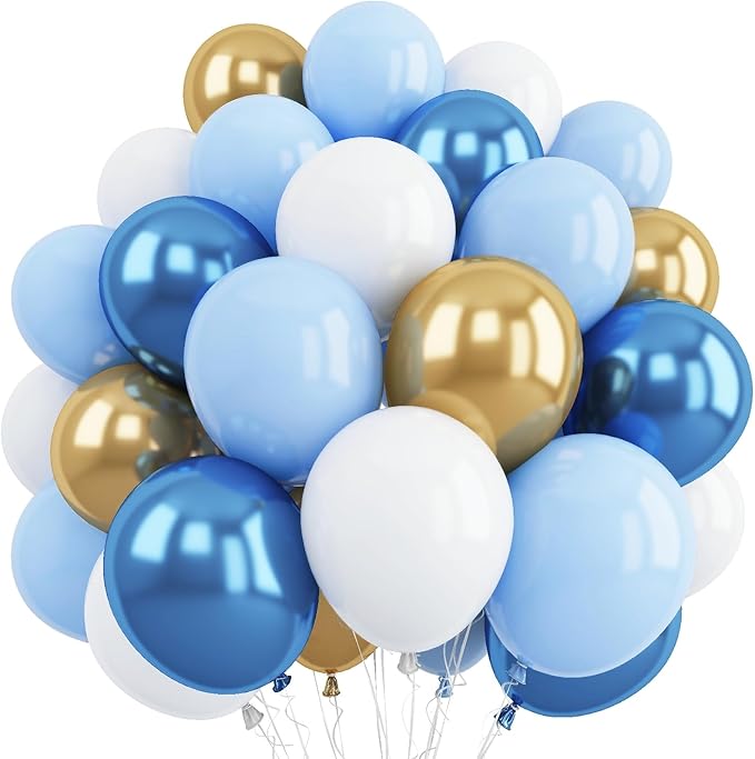 Blue and Gold Balloons, 12 Inch Pastel Baby Blue Metallic Blue Metallic Gold by Froova