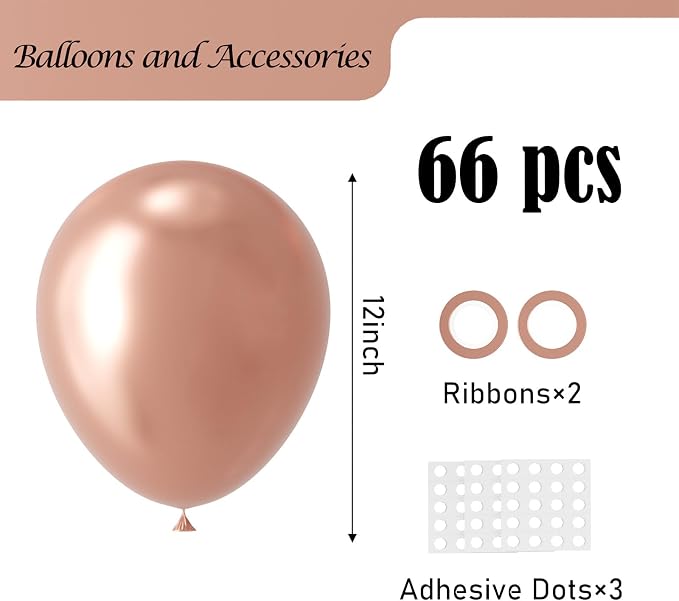 Voircoloria 66pcs Metallic Rose Gold Latex Party Balloons, 12inch | - Image 2