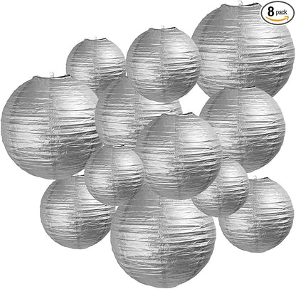 Silver Paper Lanterns 12 Pcs Assorted Size of 6" 8" 10" 12" Chinese Round Paper by Famolay