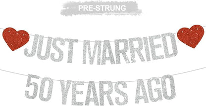 Silver Glitter Just Married 50 Years Ago Banner, NO DIY, Pre-Strung 50th by RICHHHA