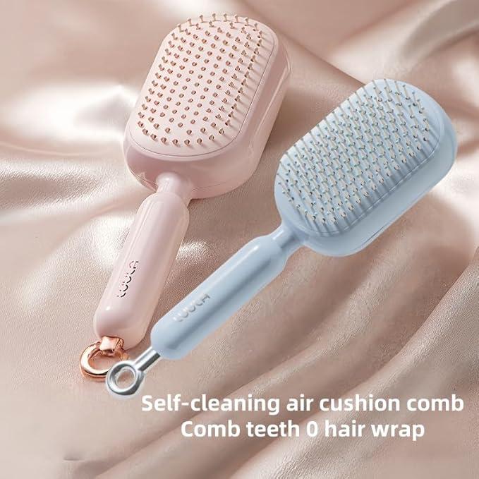 Self-Cleaning Air Cushion Comb – with Portable Travel Design, Features retractable, easy to clean, Ergonomic Pull Ring air cushion massage comb, for Detangling Thick/Curly Hair, Gift for Women (Pink)