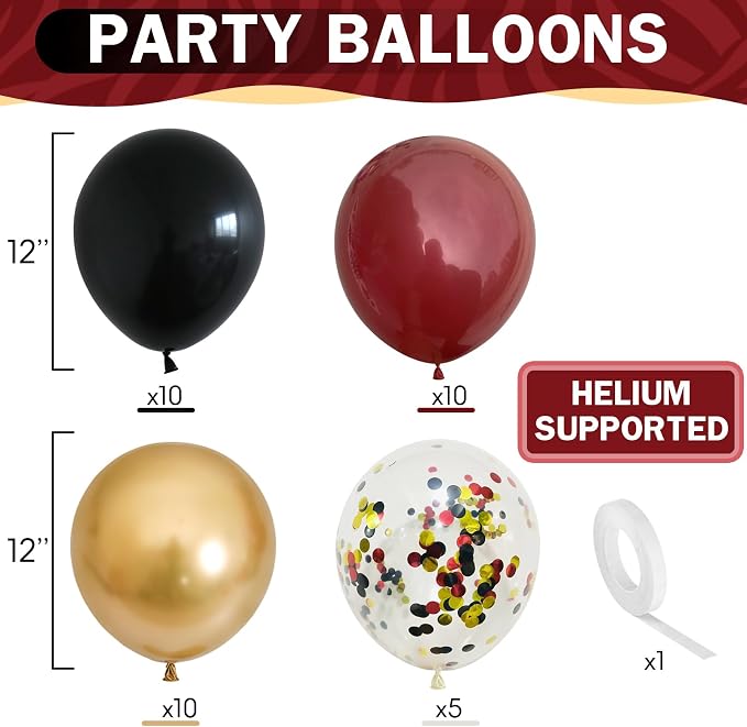 HILAVO Black Burgundy Gold Balloons 12 Inch Burgundy Maroon Red Black Metallic - Image 2