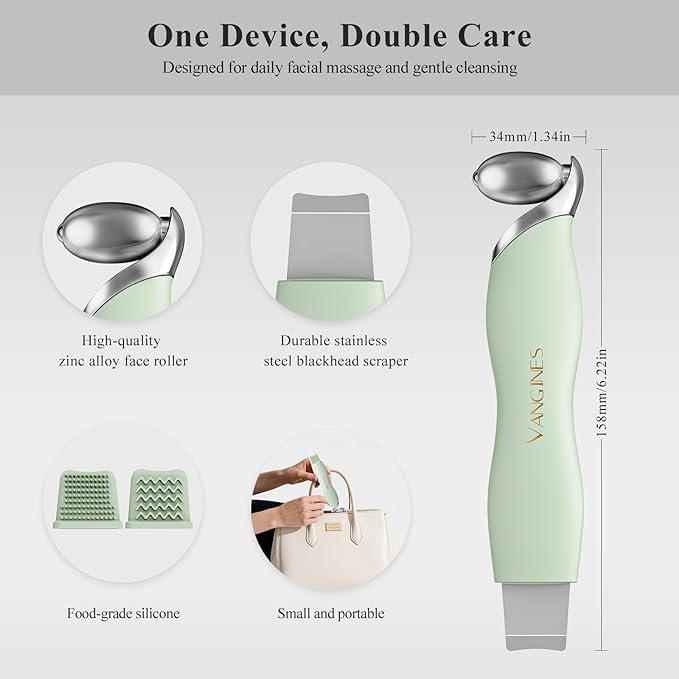 Blackhead Scraper Tool & Skin Scrubber Face Spatula for Blackhead Removal, Pore Cleaning, with Cooling Ice Roller & 2 Silicone Brush Heads (Sage Mist)