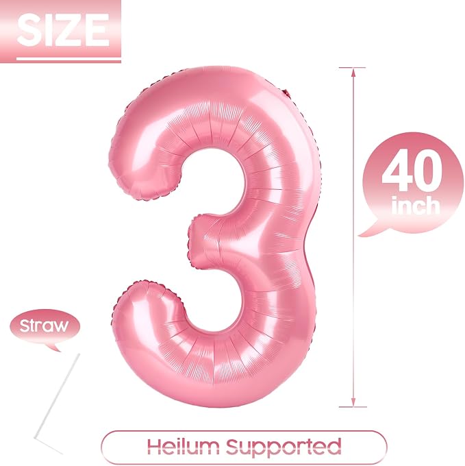 3 Balloon - Pastel Pink Birthday Number Balloons, 40 Inch Decorations | Pastel - Image 5