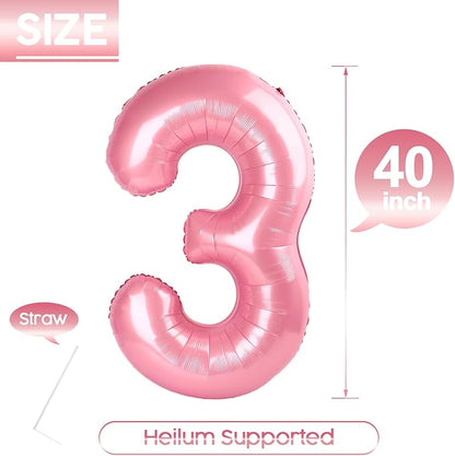 3 Balloon - Pastel Pink Birthday Number Balloons, 40 Inch Decorations | Pastel - Image 5