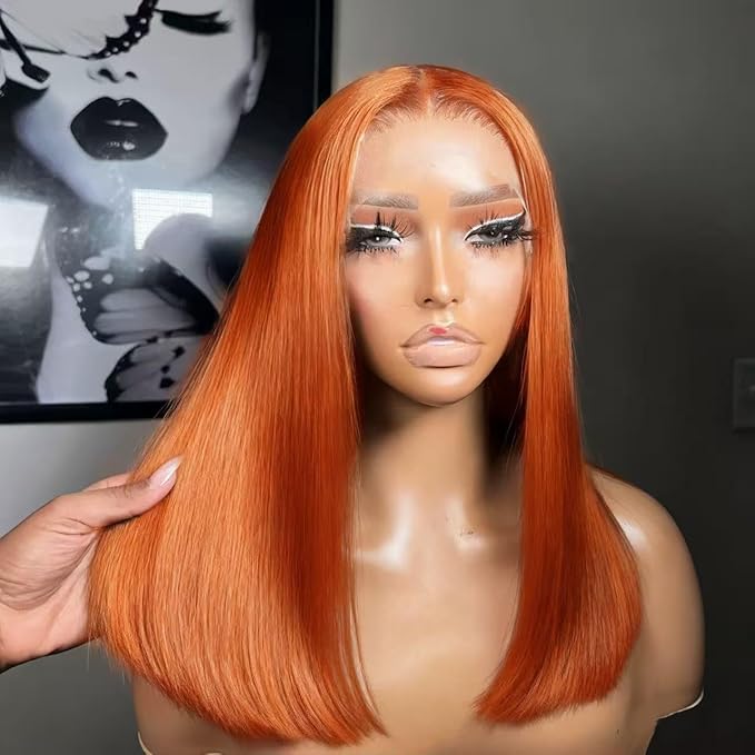 250% Density Ginger Bob Wig Human Hair 13x4 HD Lace Closure Wig Orange Bob Human Hair Wig with Baby Hair Short Straight Bob Colored Wig for Women 10 Inch