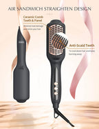 LANDOT Hair Straightener Brush for Thick Curly Hair - Ionic Ceramic Straightening Brush with Dense Bristles & 12 Temp Settings, Dual Voltage, Fast Heating for Frizz-Free Smooth Hair, Black