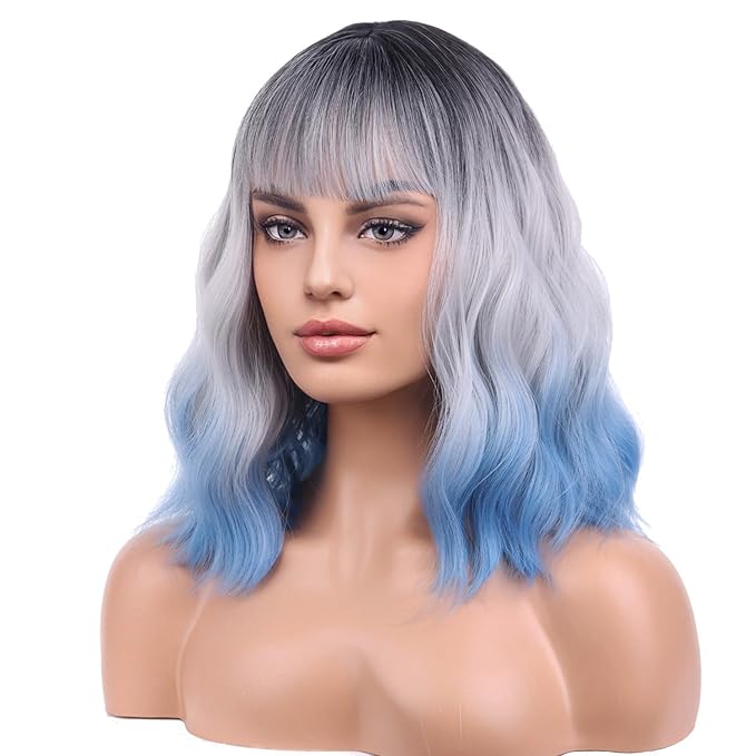 BERON 14 Inches Blue Wig with Bangs Short Bob Curly Wigs Silver Blue Wigs for Women Girls
