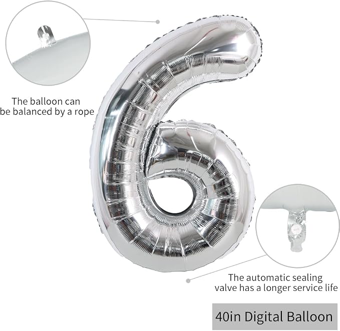 TONIFUL 40 Inch Silver Number 6 Balloon Large Foil 6th Birthday Decorations | - Image 2