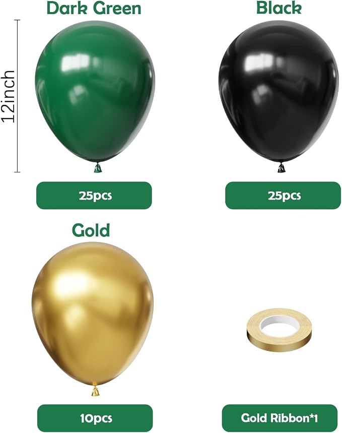 Green and Gold Balloons, 12 inch Gold Balloons and Black Balloons - Image 2