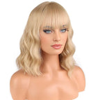 BERON 14 Inches Blonde Wig Short Curly Wigs for Women Ash Blonde Synthetic Wigs with Bangs Wig Cap Include