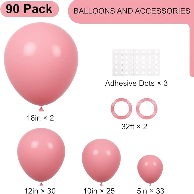 Voircoloria 90pcs Retro Pink Balloons Garland Arch Kit, 18 12 10 5 Inch | - Image 2