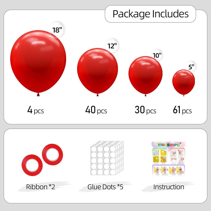135pcs Bright Red Balloon Arch Kit Different Sizes of 18 12 10 5 Inch Red Party - Image 2