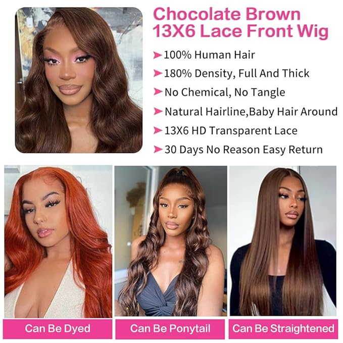 abbildung 34inch Chocolate Brown Lace Front Wig Human Hair 13x6 HD Transparent Body Wave Lace Front Wigs Human Hair Pre Plucked Glueless Frontal Brown Wig Human Hair 180% Density #