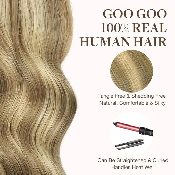 GOO GOO Tape in Hair Extensions Human Hair, 16/22 Light Blonde Highlighted Golden Blonde, 16inch 100g 40pcs, Skin Weft Seamless Invisible, Silky Straight with Thick Ends, Remy Human Hair