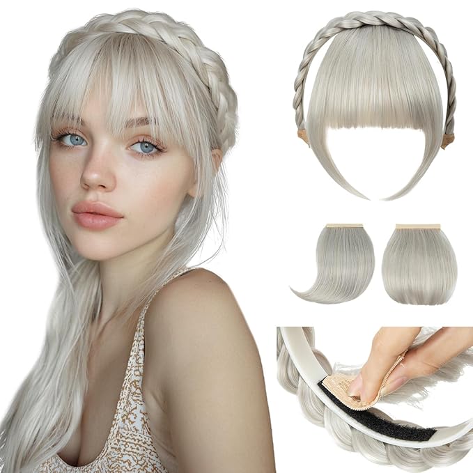 SARLA Braided Headband with 3 Detachable Clip in Bangs Fringe Hairpieces Fake Synthetic Hair Band Bangs for Women Ice Blonde
