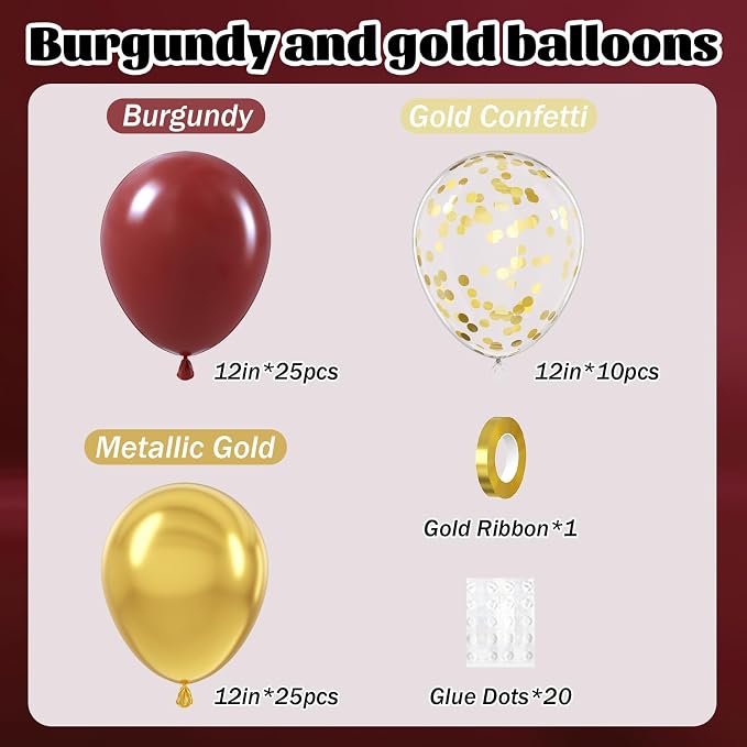 60pcs Burgundy and Gold Balloons 12inch, Maroon and Gold Balloons - Image 2